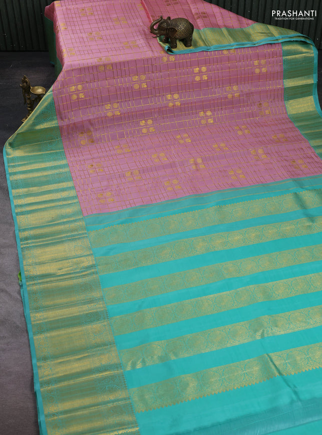 Light Pink & Teal Blue Kora Kanchipuram Silk