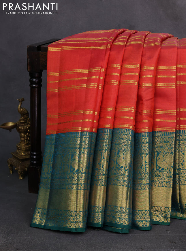 Orange & Teal Green Kora Kanchipuram Silk