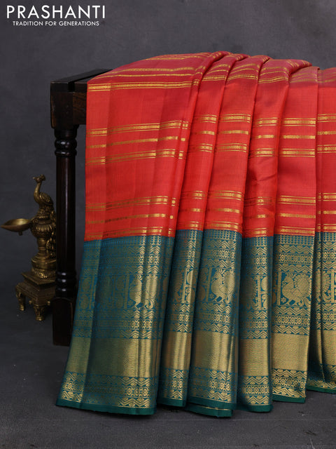Orange & Teal Green Kora Kanchipuram Silk