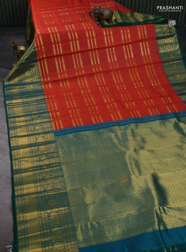 Orange & Teal Green Kora Kanchipuram Silk