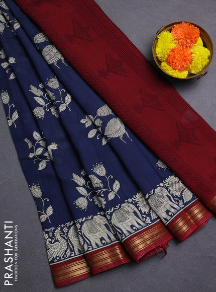 Navy Blue & Maroon Muslin Silk - Prints