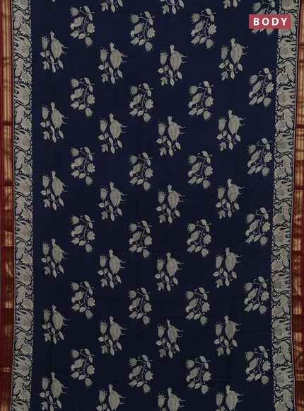 Navy Blue & Maroon Muslin Silk - Prints