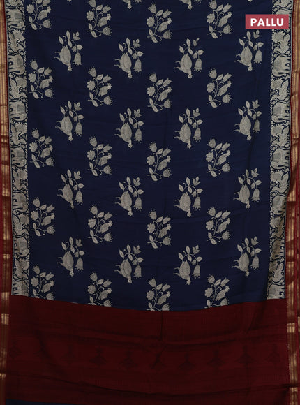 Navy Blue & Maroon Muslin Silk - Prints