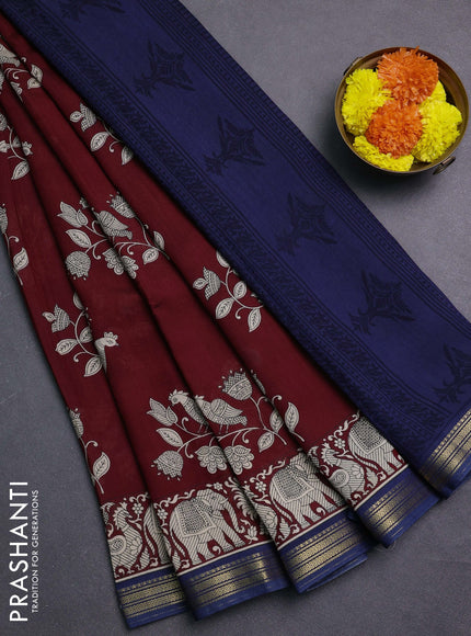 Maroon & Blue Muslin Silk - Prints