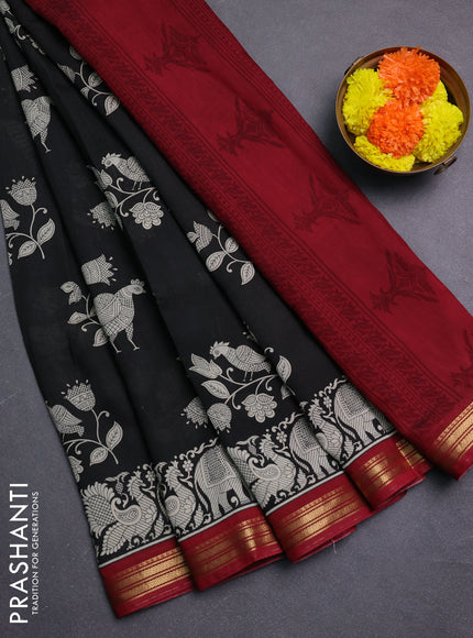 Black & Maroon Muslin Silk - Prints