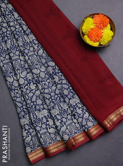 Blue & Maroon Muslin Silk - Prints
