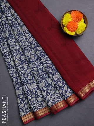 Blue & Maroon Muslin Silk - Prints