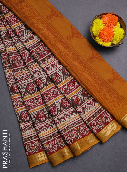 Maroon & Mustard Yellow Muslin Silk - Prints