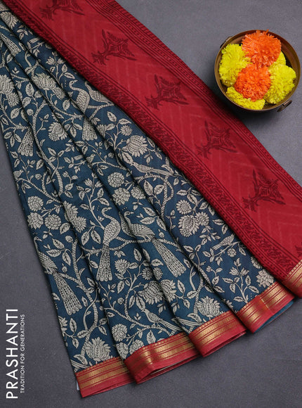 Peacock Blue & Maroon Muslin Silk - Prints