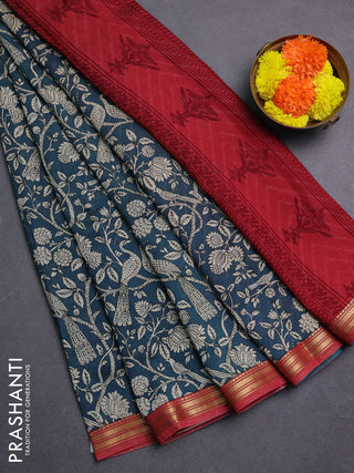 Peacock Blue & Maroon Muslin Silk - Prints