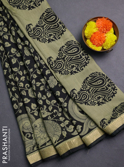 Black & Elaichi Green Muslin Silk - Prints