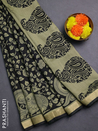 Black & Elaichi Green Muslin Silk - Prints