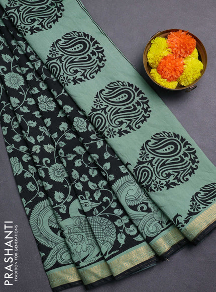 Black & Pastel Green Muslin Silk - Prints