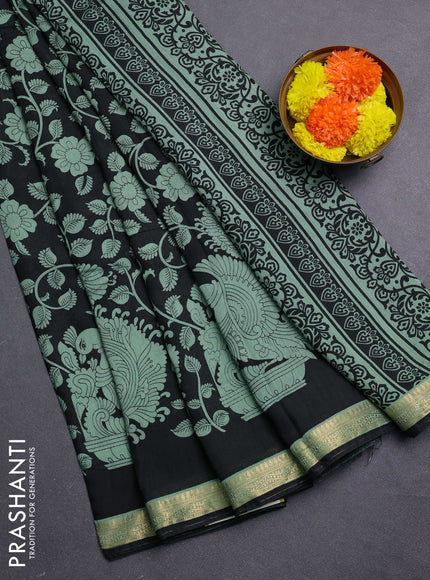 Black & Pastel Green Muslin Silk - Prints
