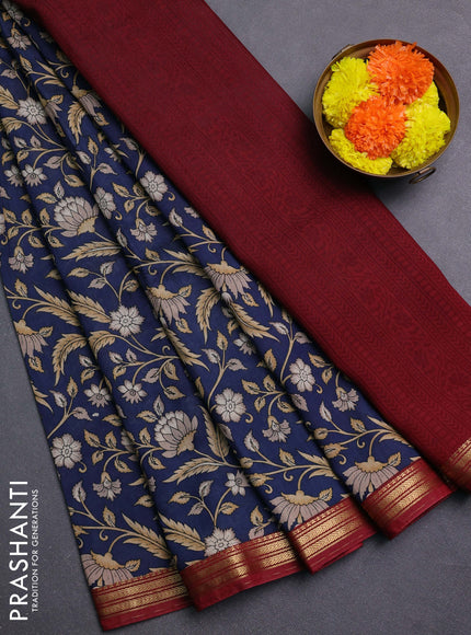 Blue & Maroon Muslin Silk - Prints