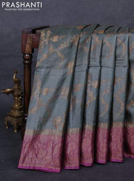 Elephant Grey & Magenta Pink Banarasi Tussar Silk Saree
