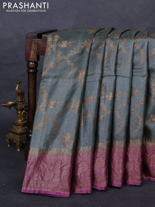 Elephant Grey & Magenta Pink Banarasi Tussar Silk Saree