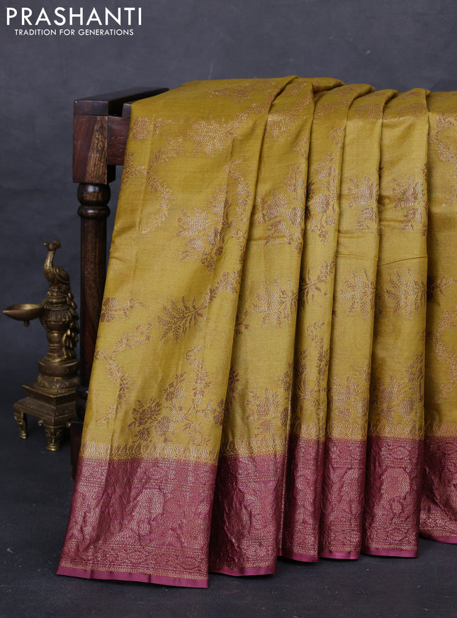 Yellow & Wine Banarasi Tussar Silk Saree