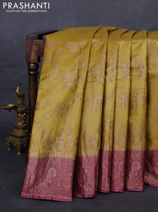 Yellow & Wine Banarasi Tussar Silk Saree