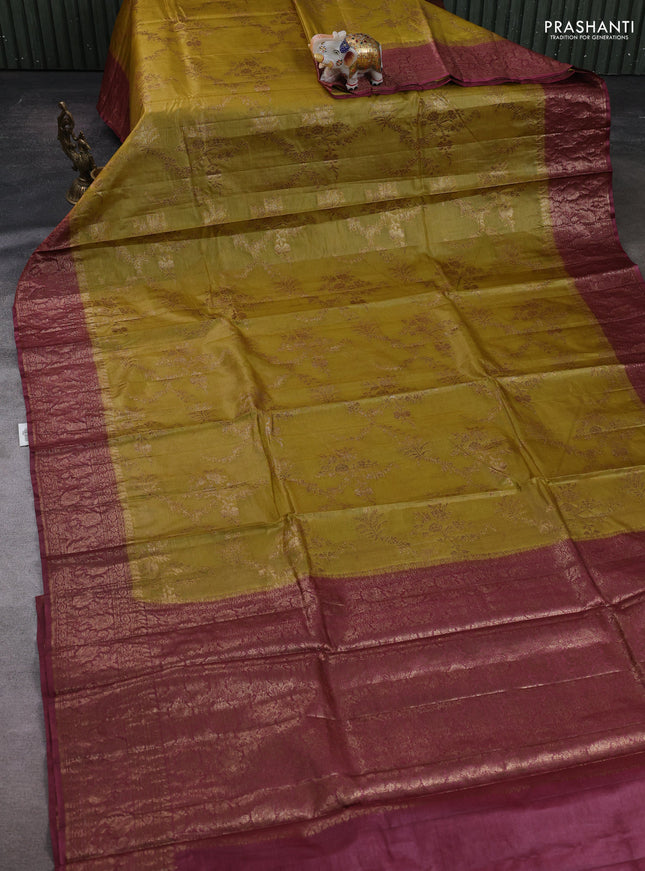 Yellow & Wine Banarasi Tussar Silk Saree