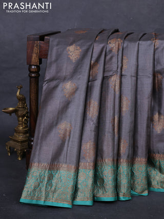 Grey & Teal Green Banarasi Tussar Silk Saree