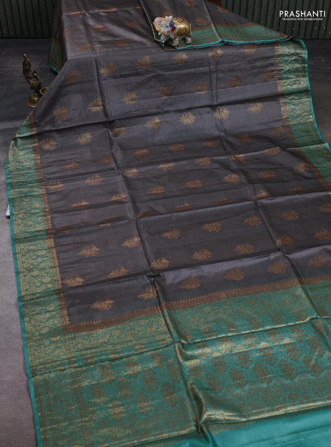 Grey & Teal Green Banarasi Tussar Silk Saree