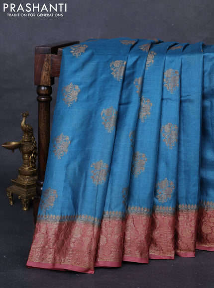 Peacock Blue & Maroon Banarasi Tussar Silk Saree