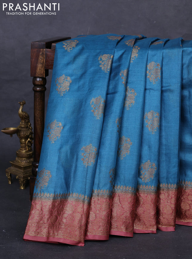 Peacock Blue & Maroon Banarasi Tussar Silk Saree