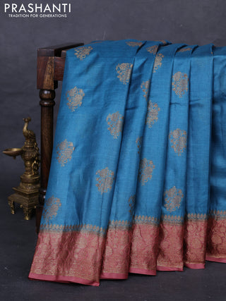 Peacock Blue & Maroon Banarasi Tussar Silk Saree