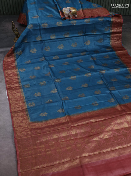 Peacock Blue & Maroon Banarasi Tussar Silk Saree