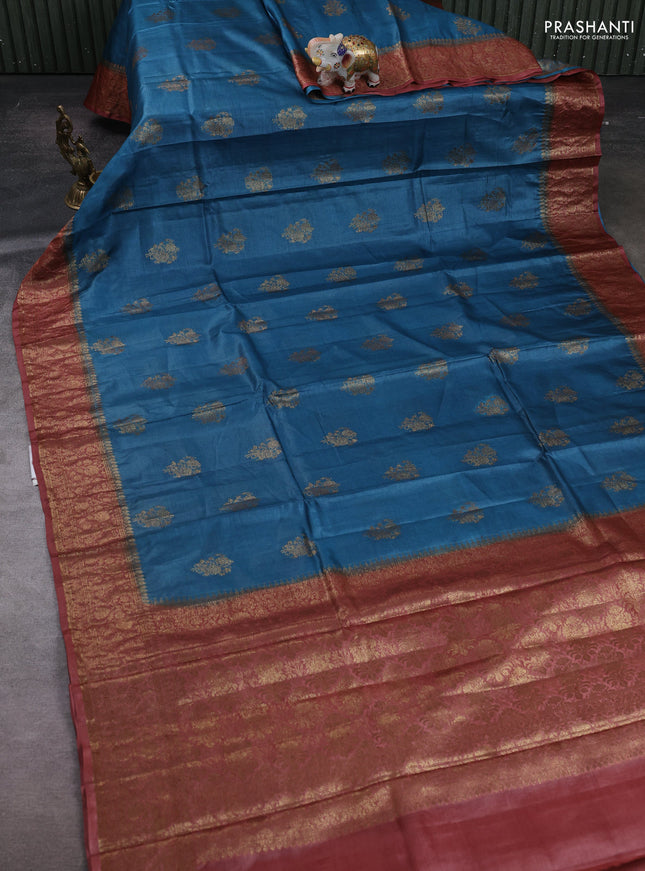 Peacock Blue & Maroon Banarasi Tussar Silk Saree