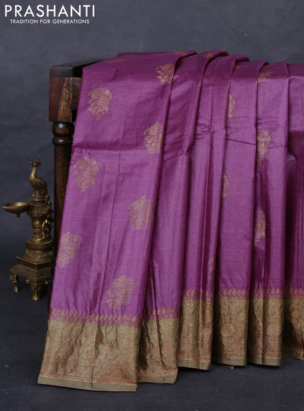 Magenta Pink & Olive Green Banarasi Tussar Silk Saree
