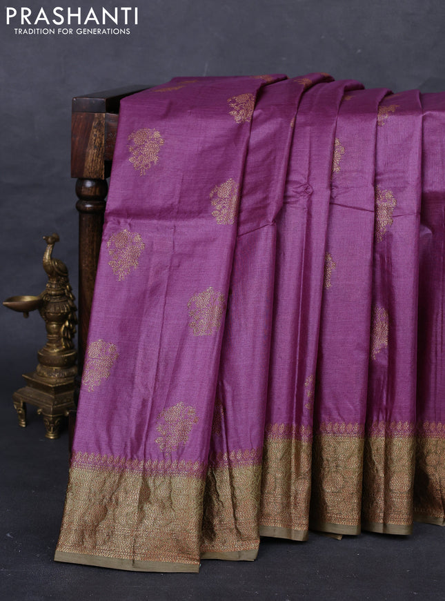 Magenta Pink & Olive Green Banarasi Tussar Silk Saree