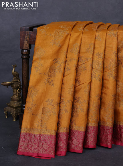 Mustard Yellow & Maroon Banarasi Tussar Silk Saree