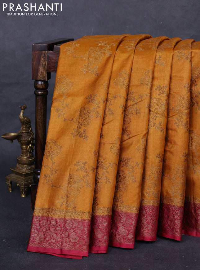 Mustard Yellow & Maroon Banarasi Tussar Silk Saree