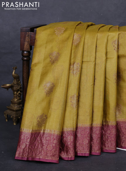 Mustard Green & Wine Banarasi Tussar Silk Saree