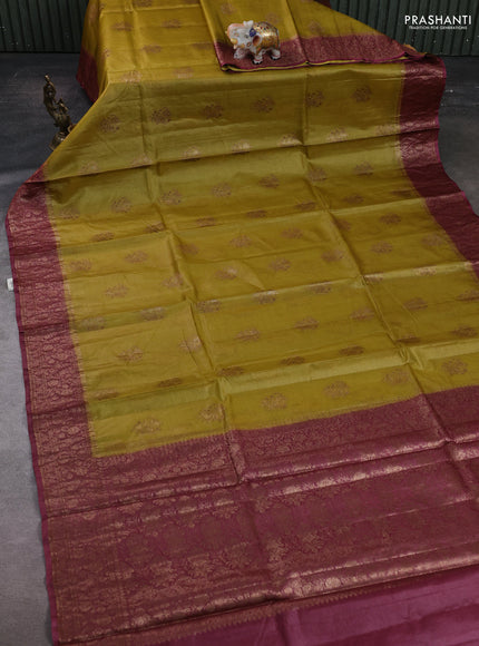 Mustard Green & Wine Banarasi Tussar Silk Saree