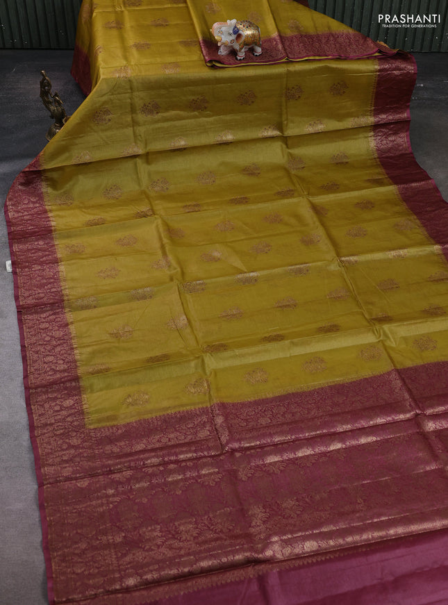 Mustard Green & Wine Banarasi Tussar Silk Saree