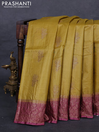 Mustard Green & Maroon Banarasi Tussar Silk Saree