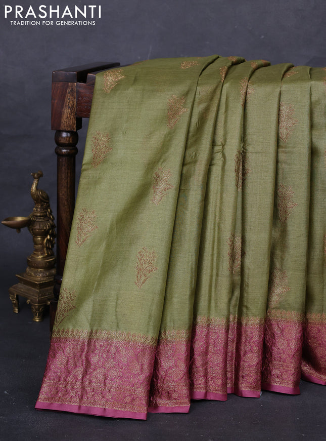 Mehendi Green & Pink Banarasi Tussar Silk Saree