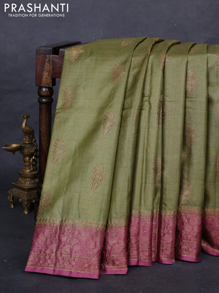 Mehendi Green & Pink Banarasi Tussar Silk Saree