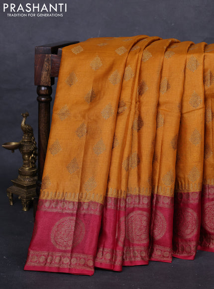 Mustard Yellow & Maroon Banarasi Tussar Silk Saree