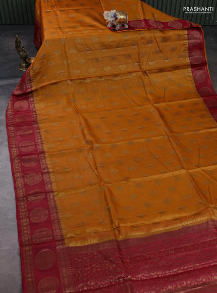 Mustard Yellow & Maroon Banarasi Tussar Silk Saree
