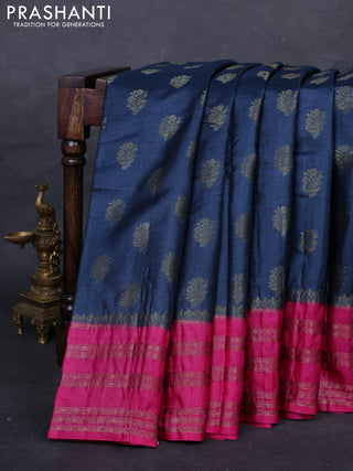 Peacock Blue & Pink Banarasi Tussar Silk Saree