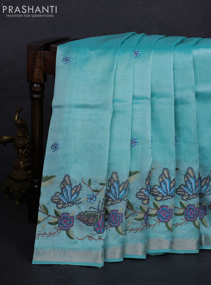 Teal Blue Mangalagiri Silk Cotton - Embroidery