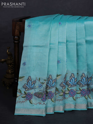 Teal Blue Mangalagiri Silk Cotton - Embroidery