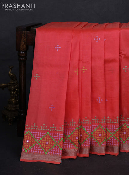 Peach Orange Mangalagiri Silk Cotton - Embroidery