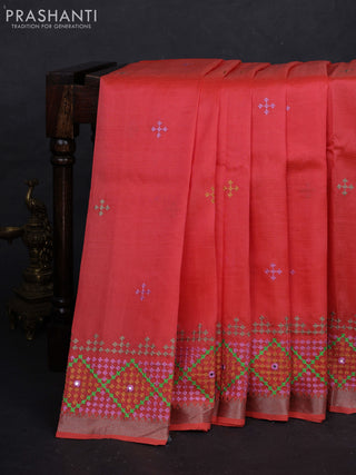 Peach Orange Mangalagiri Silk Cotton - Embroidery