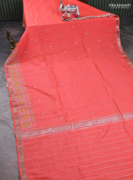 Peach Orange Mangalagiri Silk Cotton - Embroidery