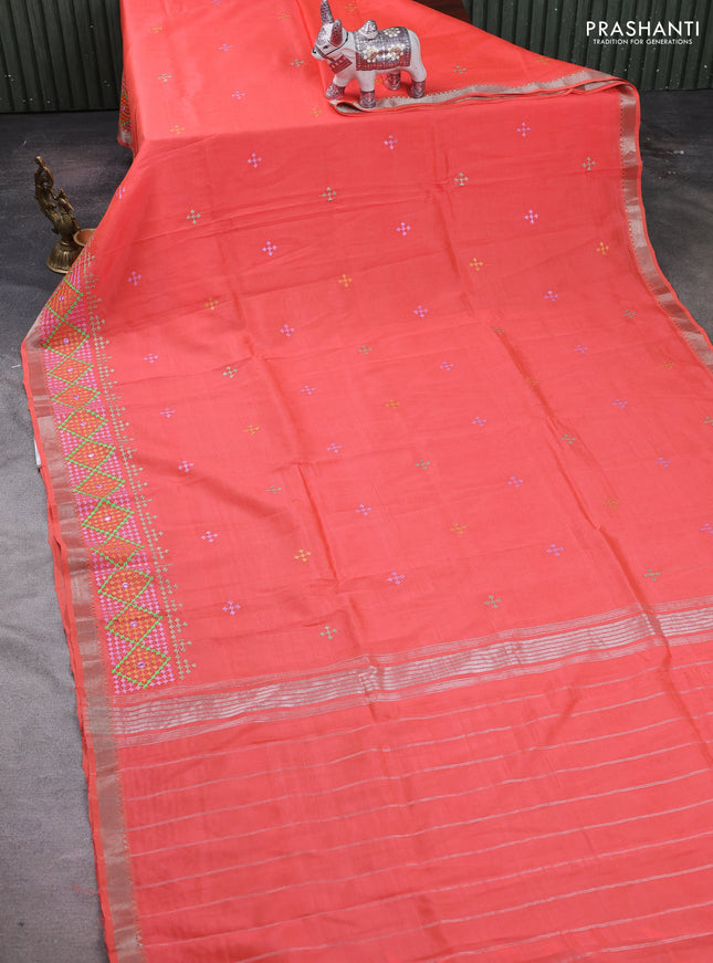 Peach Orange Mangalagiri Silk Cotton - Embroidery